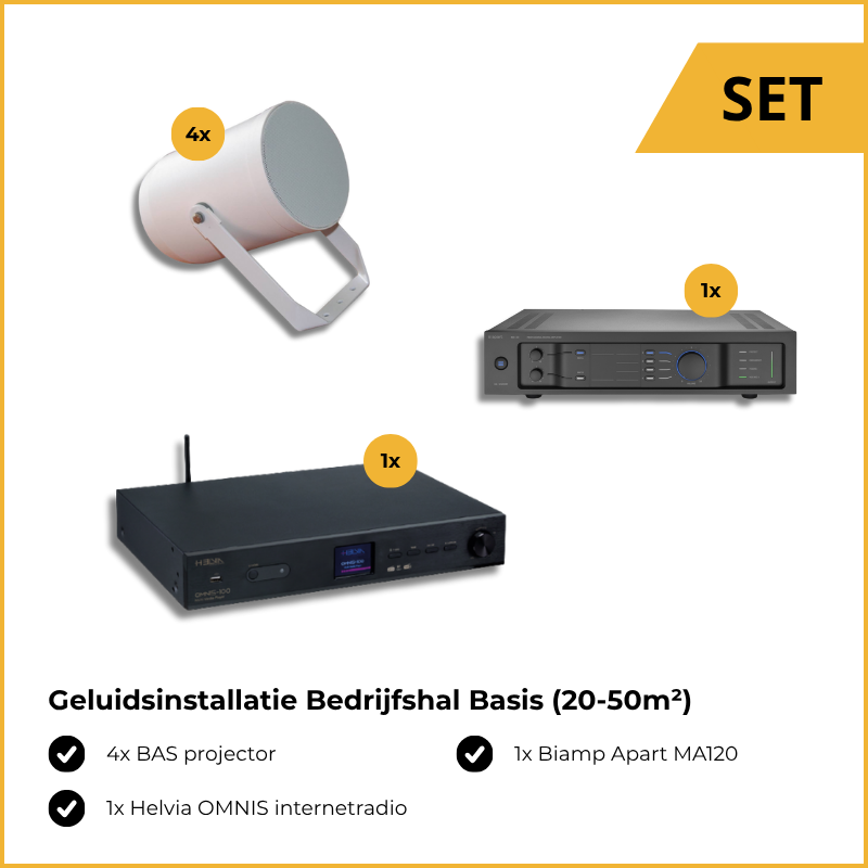 Geluidsinstallatie Bedrijfshal Basis (20-50m²), bestaande uit: 4x BAS Projector, 1x Biamp MA120 en 1x Helvia OMNIS internetradio