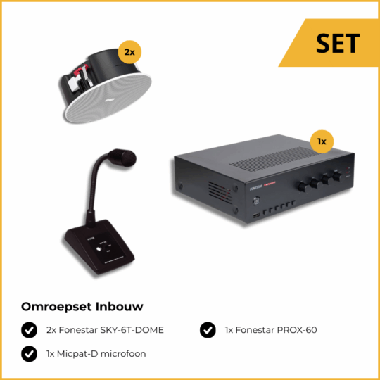 Omroepset Inbouw, bestaande uit: 2x Fonestar SKY-6T-DOME plafondspeakers, 1x Fonestar PROX-60 mengversterker en 1x Micpat-D omroepmicrofoon