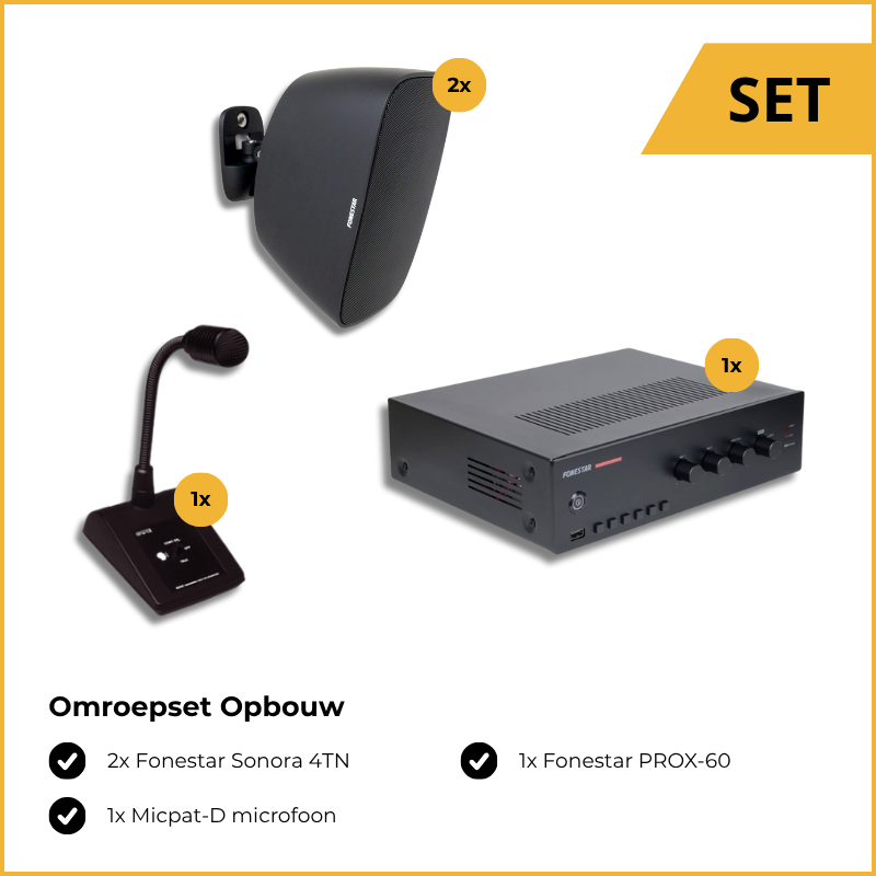 Omroepset Opbouw, bestaande uit: 2x Fonestar Sonora 4TN opbouw luidsprekers, 1x Fonestar PROX-60 mengversterker en 1x Micpat-D omroepmicrofoon.
