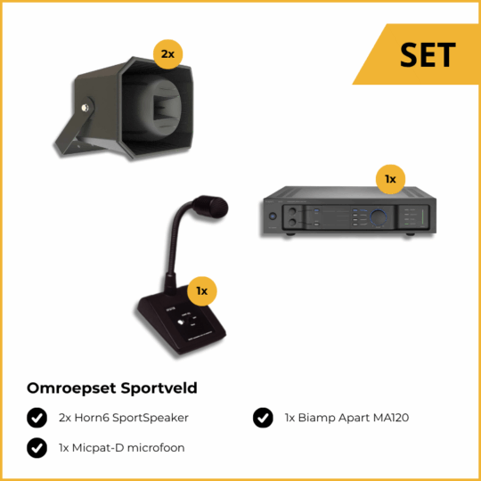 Omroepset sportveld, bestaande uit: 2x Horn6 SportSpeaker, 1x Biamp Apart MA120 en 1x Micpat-D microfoon