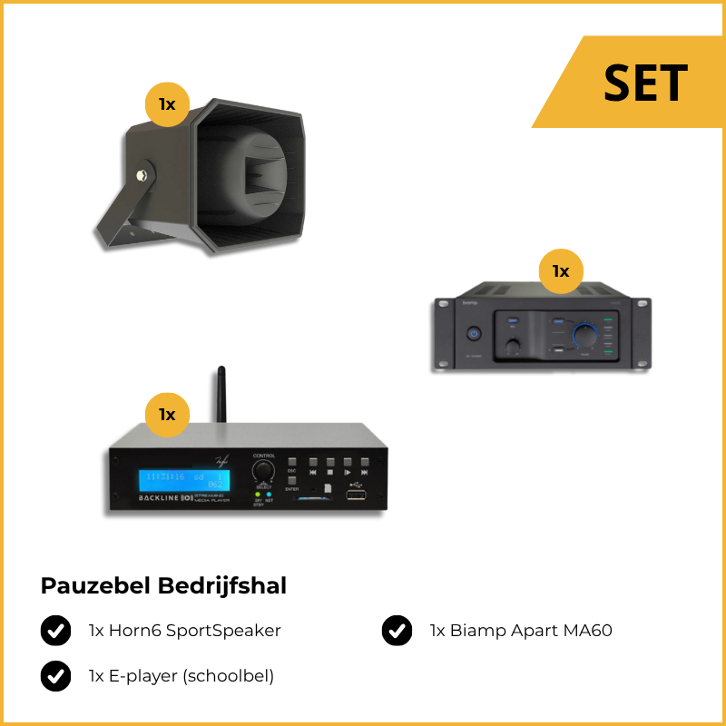 Pauzebel Bedrijfshal, bestaande uit: 1x Horn6 SportSpeaker, 1x Biamp Apart MA60 en 1x E-player (schoolbel)