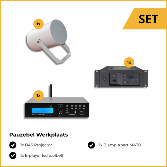 Pauzebel Werkplaats, bestaande uit: 1x BAS Projector, 1x Biamp Apart MA30 versterker en 1x E-player (schoolbel)