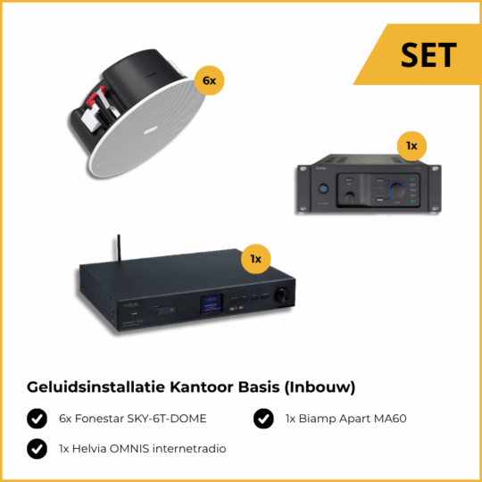 Geluidsinstallatie Kantoor Basis (Inbouw), bestaande uit: 6x Fonestar SKY-6T-DOME plafondspeaker, 1x Biamp Apart MA60 mengversterker, 1x Helvia OMNIS internetradio