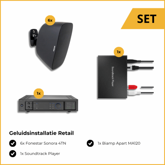 Geluidsinstallatie Retail, bestaande uit: 6x Fonestar Sonora 4TN, 1x Biamp Apart MA120 en 1x Soundtrack Player