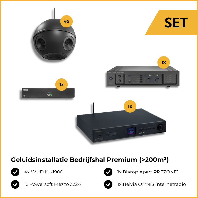 Geluidsinstallatie Bedrijfshal Premium (>200m²), bestaande uit: 4x WHD KL-1900, 1x Biamp Apart PREZONE1, 1x Powersoft Mezzo 322A en 1x Helvia OMNIS internetradio.