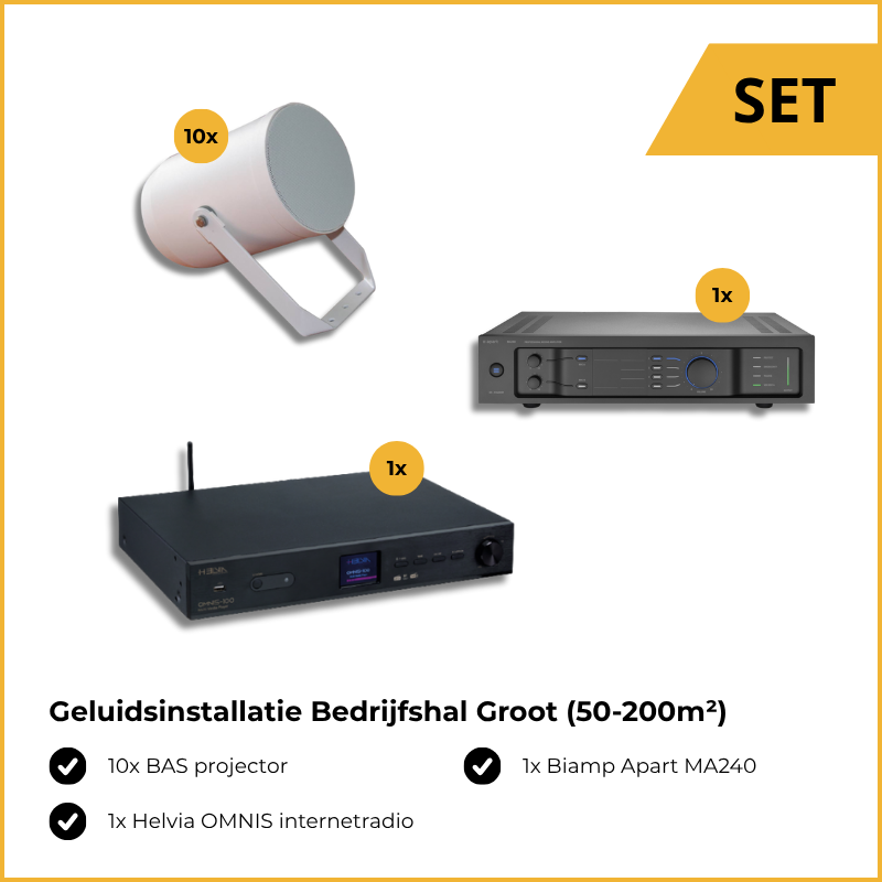 Geluidsinstallatie Bedrijfshal Groot (50-200m²), bestaande uit: 10x BAS projector speaker, 1x Biamp MA240 en 1x Helvia OMNIS internetradio.