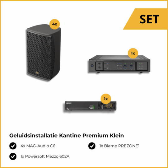 Geluidsinstallatie Kantine Premium Klein, bestaande uit: 4x MAG-Audio C6, 1x Biamp PREZONE1 en 1x Powersoft Mezzo 602A