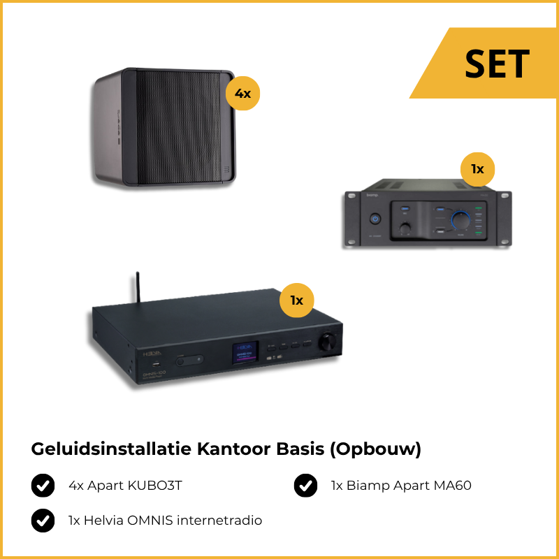 Geluidsinstallatie Kantoor Basis (Opbouw), bestaande uit: 4x Apart KUBO3T kubus opbouw luidspreker, 1x Biamp Apart MA60 mengversterker en 1x Helvia OMNIS internetradio